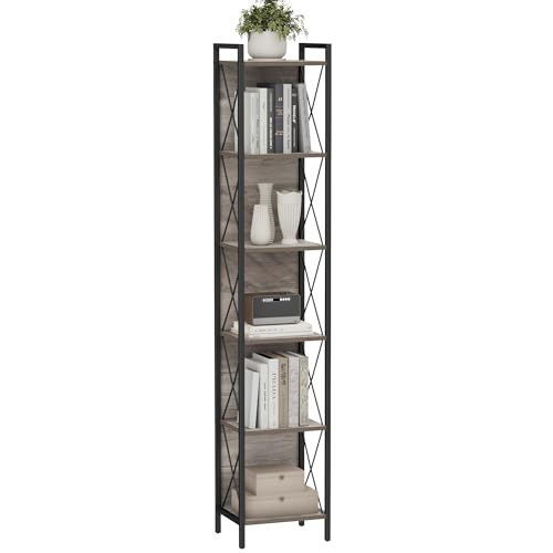 Homhedy Bücherregal mit 6 Ebenen, hohes schmales Bücherregal für kleinen Raum, Metallspeicherregale mit Rückwand, für Home Office, Wohnzimmer, Küche, Schlafzimmer, Industriestil, Greige Homhedy Bücherregal mit 6 Ebenen, hohes schmales Bücherregal für kleinen Raum, Metallspeicherregale mit Rückwand, für Home Office, Wohnzimmer, Küche, Schlafzimmer, Industriestil, Greige von Homhedy