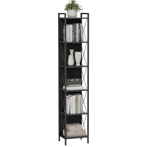 Homhedy Bücherregal mit 6 Ebenen, hohes schmales Bücherregal für kleinen Raum, Metallspeicherregale mit Rückwand, für Home Office, Wohnzimmer, Küche, Schlafzimmer, Industriestil, Schwarz von Homhedy