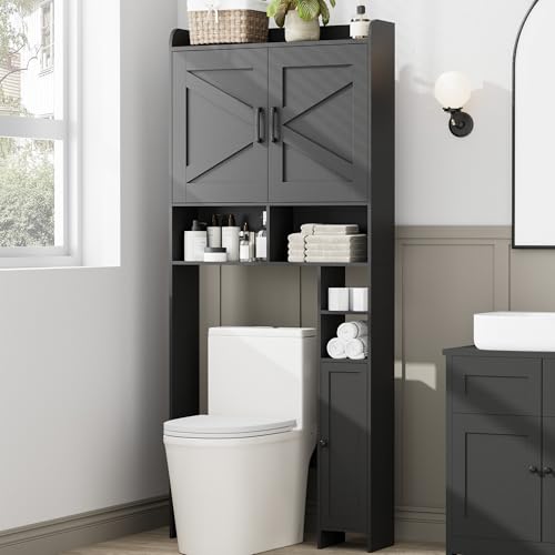 Homhedy Over The Toilet Storage Cabinet with 2 Barn Door and Toilet Paper Holder Stand, FreeStanding Toilet Shelf Space Saver, for Bathroom, WC, Laundry, Black Homhedy Over The Toilet Storage Cabinet with 2 Barn Door and Toilet Paper Holder Stand, FreeStanding Toilet Shelf Space Saver, for Bathroom, WC, Laundry, Black von Homhedy