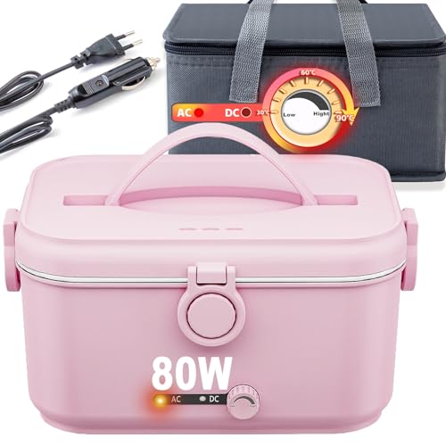 Homhut Elektrische Lunchbox Adjustable Temperature 80W Lunchbox Elektrisch 1,8l Electric Lunch Box 12V/24V/230V Elektrische Brotdose ThermobehäLter für Auto Lkw Büro(Rosa) von Homhut