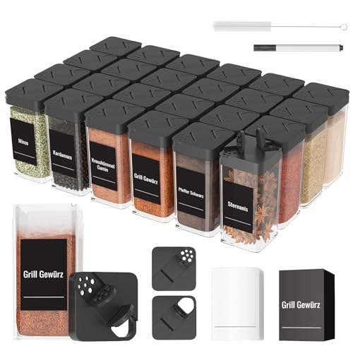 Homhut Gewürzgläser Eckig Set Mit Deckel [24x 120ml], Stabiler Plastik Gewürzstreuer Luftdichte, Gewürzdosen Mit Streueinsatz, Spice Jars Mit 120 Etiketten, Gewürz Organizer Schwarz von Homhut