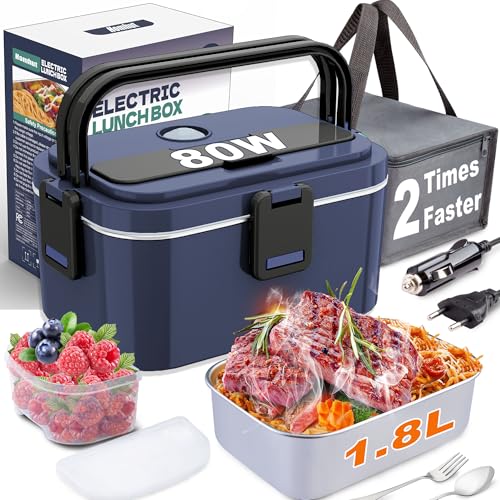 Homhut Lunchbox Elektrisch 80W Elektrische Lunchbox 1,8l Electric Lunch Box 12v 24v 230v Elektrische Brotdose Thermobehälter für Auto Lkw Büro(1.8L-Blau) von Homhut