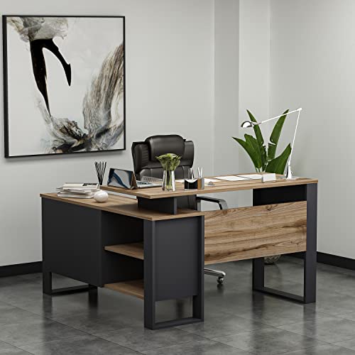HOMIDEA ARES moderner Eckschreibtisch – Computer-Schreibtisch in L-Form mit Regalen und Schubladen für Büro und Zuhause (ARES - Anthracite/Briarsmoke) von Homidea