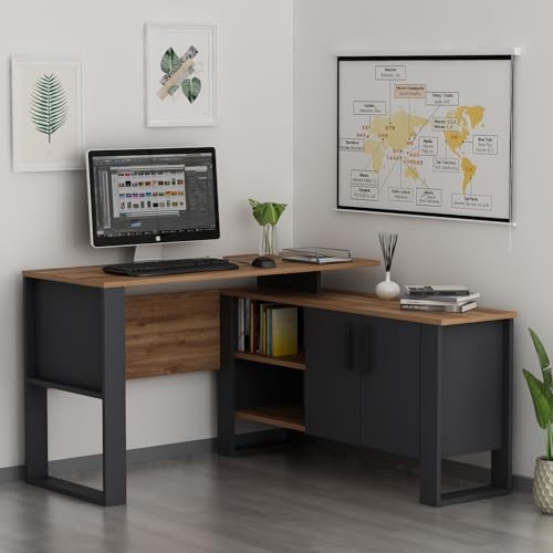 HOMIDEA ARES Moderner Eckschreibtisch – Computertisch in L-Form mit Regalen und Schubladen für Büro und Zuhause (ARES – Anthracite/Briarsmoke) von Homidea