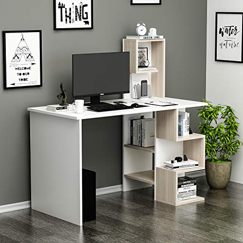 DERONI Schreibtisch - Computertisch - Workstation für Home Office - Kinderzimmer oder Jugendzimmer in modernem Design (Weiß/Avola) von Homidea
