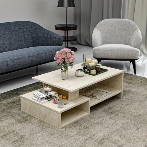 HOMIDEA DUX Couchtisch - Material Holz - Sofatisch - Moderner Couchtisch in trendigem Design mit Ablage (Travertin) von Homidea