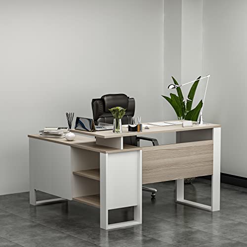 Homidea ARES moderner Eckschreibtisch – Computer-Schreibtisch in L-Form mit Regalen und Schubladen für Büro und Zuhause (Avola/White) von Homidea