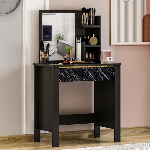 Homidea GUPSE Schminktisch - Kosmetiktisch mit Spiegel und Regal – Kompakter Frisiertisch mit Schublade – 72x40x124 cm für Schlafzimmer und Jugendzimmer (SCHWARZ/Schwarzer Marmor) von Homidea