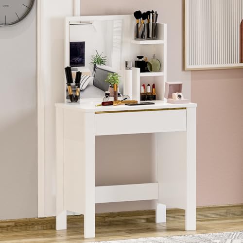 Homidea GUPSE Schminktisch - Kosmetiktisch mit Spiegel und Regal – Kompakter Frisiertisch mit Schublade – 72x40x124 cm für Schlafzimmer und Jugendzimmer (Weiss) von Homidea