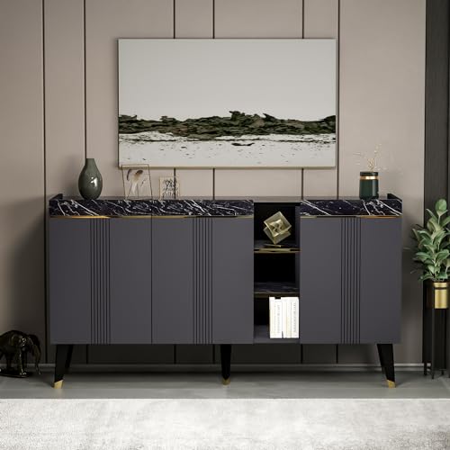 Homidea KARYA Konsole – Kommode – Sideboard – TV Board – mit 3 Türen in modernem Design 150 x 81.8 x 41.8 cm (Konsole - Anthrazit/Marmor) von Homidea