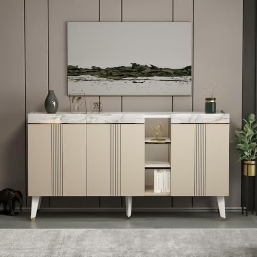 Homidea KARYA Konsole – Kommode – Sideboard – TV Board – mit 3 Türen in modernem Design 150 x 81.8 x 41.8 cm (Konsole - Beige/Marmor) von Homidea