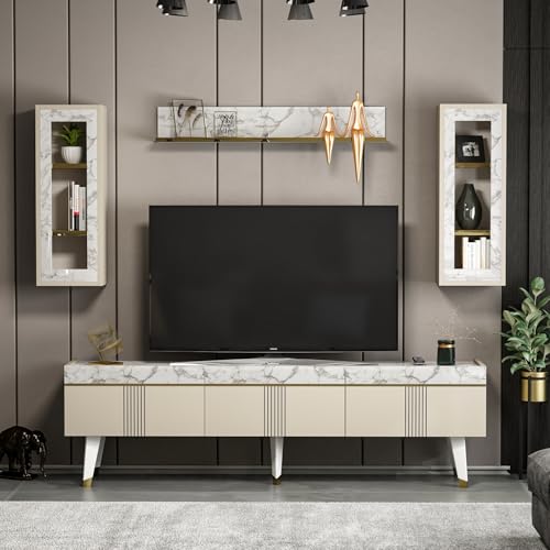 Homidea KARYA Wohnwand – Wohnzimmer TV Set – TV Schrank – TV Lowboard – Fernsehtisch - TV Möbel mit 3 Türen in modernem Design (Beige/Marmor) von Homidea