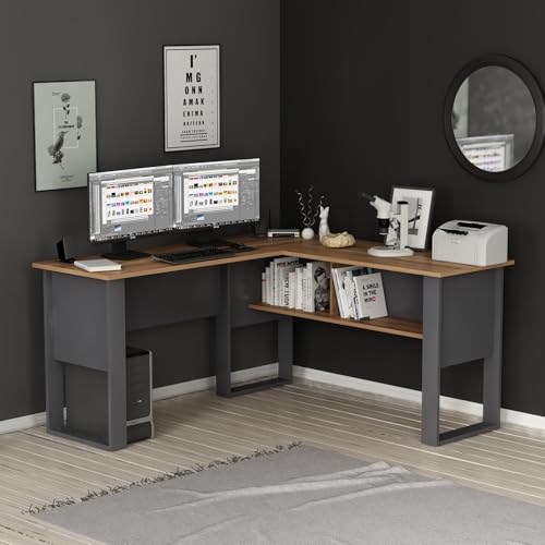 Homidea Randi moderner Eckschreibtisch – Computer-Schreibtisch in L-Form mit Regalen für Büro und Zuhause (Randi - Anthrasit/Eiche) von Homidea