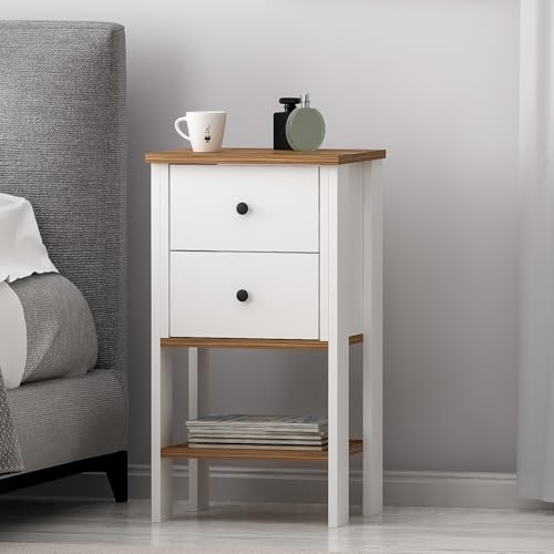 Homidea SEM Nachttisch - Nachtkommode - Ablagetisch - Nachtschrank mit 2 Schubladen und Regal – 40 x 35 x 73,8 cm – Moderner Beistelltisch fürs Schlafzimmer (SEMİ-Weiß-Eiche) von Homidea