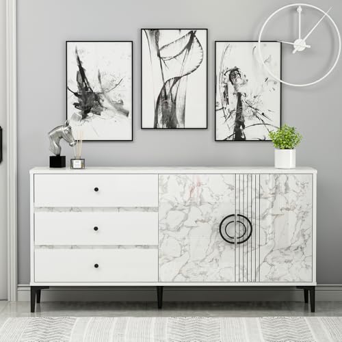 Homidea ZOE Konsole – Kommode – Sideboard – TV Board – mit 2 Türen und 3 Schubladen in modernem Design 150 x 78.6 x 40 cm (Weiß Marmor) von Homidea