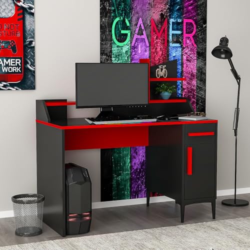 Homidea Zeta Computertisch - Schreibstisch - Frisiertisch mit Regale - Ablagen im modernen Design für Home Office und Kinderzimmer (Zeta - Schwarz/Rot) von Homidea