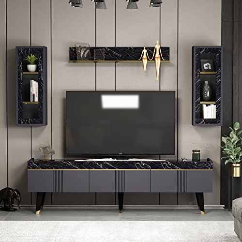 Homidea KARYA Wohnwand – Wohnzimmer TV Set – TV Schrank – TV Lowboard – Fernsehtisch - TV Möbel mit 3 Türen in modernem Design (Anthrazit/Marmor) von Homidea