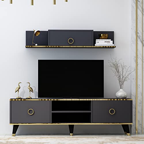Homidea Sophia Wohnwand – Wohnzimmer TV Set – TV Schrank – TV Lowboard – Fernsehtisch - TV Möbel mit 2 Türen und Wandregal in glänzendem Design (Anthrazit) von Homidea