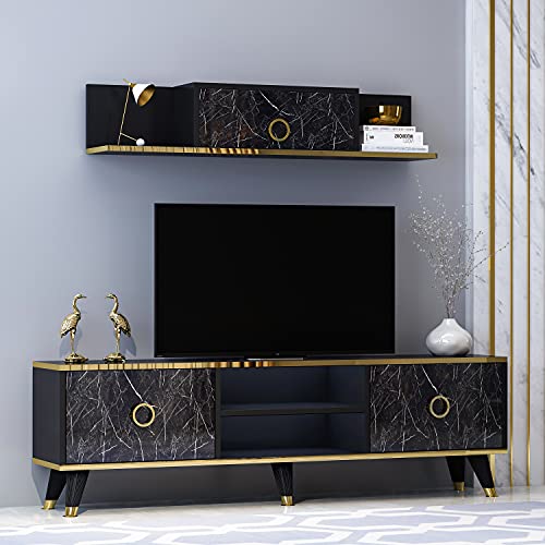 Homidea Sophia Wohnwand – Wohnzimmer TV Set – TV Schrank – TV Lowboard – Fernsehtisch - TV Möbel mit 2 Türen und Wandregal in glänzendem Design (Schwarz) von Homidea