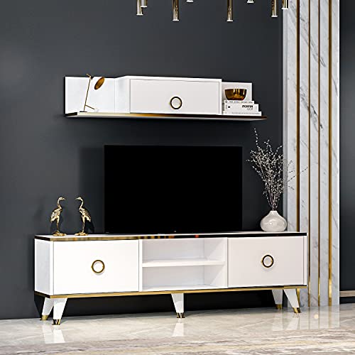 Homidea Sophia Wohnwand – Wohnzimmer TV Set – TV Schrank – TV Lowboard – Fernsehtisch - TV Möbel mit 2 Türen und Wandregal in glänzendem Design (Weiß) von Homidea