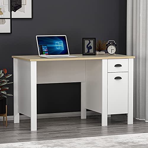TEDDY Schreibtisch - Computertisch - Arbeitsplatz mit Schublade und Stauraum mit Tür in modernem Design für Home Office oder Kinderzimmer (Weiß/Eiche) von Homidea