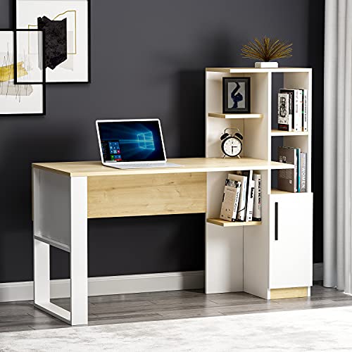 Homidea Tody Schreibtisch - Computer & Schreibtisch - Arbeitsplatz - Stauraum mit Tür und Regalen im modernen Design für Homeoffice oder Kinderzimmer (Weiß/Eiche) von Homidea