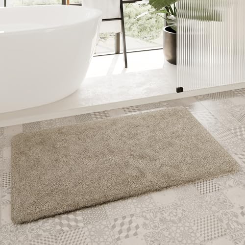 Homie Living Badteppich, Badematte kuscheliger Flauschiger weicher Flor l rutschfest und Waschbar Porto Azzurro (70 x 120 cm, hell Taupe) von Homie Living