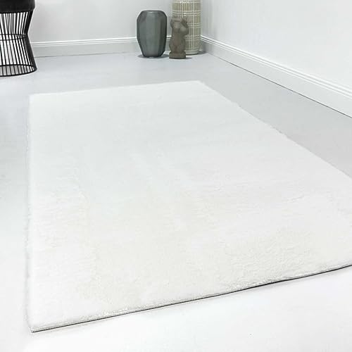 Kunstfell Teppich, Läufer, Teppich rund, einfarbig, weich und flauschig, pflegeleichter Teppich, bestens geeignet für Wohnzimmer, Schlafzimmer, Kinderzimmer, VILLA ROSSO (120 x 170 cm, creme weiß) von Homie Living