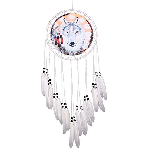 Homieco Dream Catcher Craft handgefertigte Fantastische Wolf Wand hängen Ornament Dekor natürliche Feder Dreamcatcher Wolf Muster Dekoration für Schlafzimmer, Autos 7,87 Zoll Durchmesser x 28"lang von Homieco