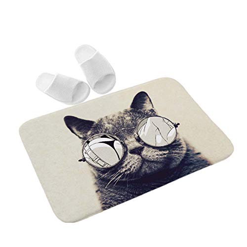 Homieco Natürliche rutschfeste Fußmatte, entzückende Haustiere Muster Print Badematten Teppich waschbar für Küche, Bad, Schlafzimmer die Katze mit Brille von Homieco