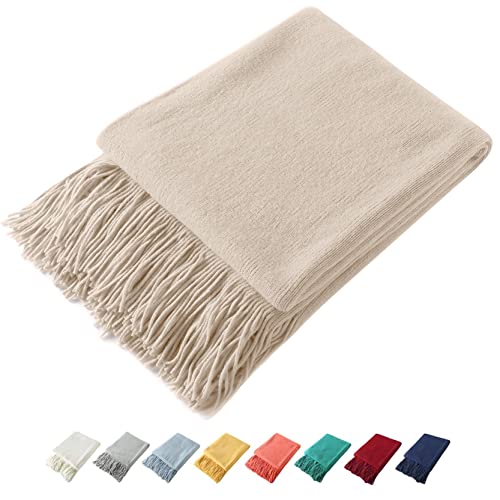 Homiest Dekorative gestrickte Überwurfdecke mit Fransen, leichte Decke, Acryl-Strickdecke, weiche und gemütliche Quasten-Decke für Couch, Sofa, Bett (Beige, 127,7 x 152,4 cm) von Homiest