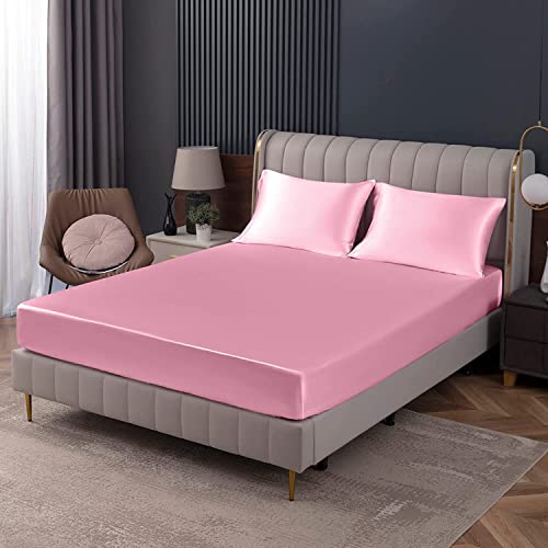 Homiest Rosa Satin Spannbettlaken Twin XL Größe Spannbetttuch, nur Spannbettlaken mit tiefen Taschen, luxuriöses und ultraweiches Bettwäsche-Spannbetttuch, Einzelbett-Bettlaken, separat erhältlich von Homiest