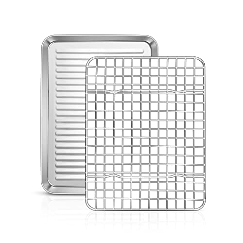 Homikit Backblech mit Abkühlgitter, Edelstahl Klein Backform Ofenblech und Auskühlgitter für Backen Braten Servieren, 26,5 x 20,5 x 2,5 cm, Hochglanzpoliert, Spülmaschinenfest von Homikit