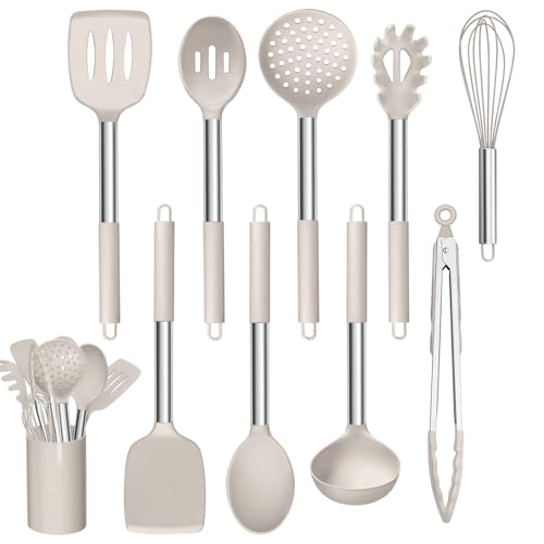 Homikit 10 Stück Küchenhelfer Set, Silikon Küchenutensilien Kochbesteck mit Edelstahlgriff, Antihaft Kochutensilien Set mit Utensilienhalter - Khaki Homikit 10 Stück Küchenhelfer Set, Silikon Küchenutensilien Kochbesteck mit Edelstahlgriff, Antihaft Kochutensilien Set mit Utensilienhalter - Khaki von Homikit
