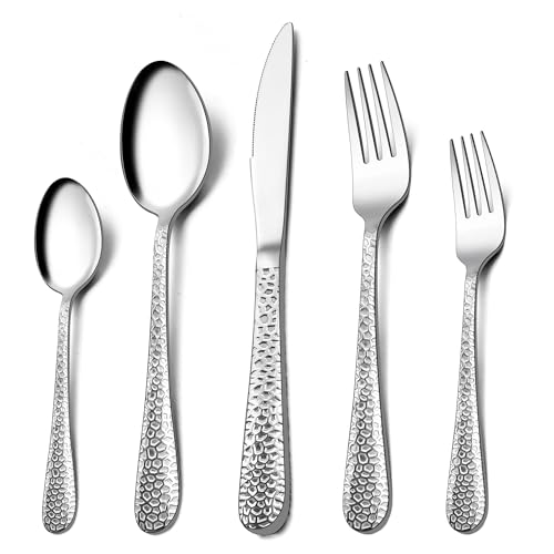 Homikit Besteck Set, 30-teilig Besteckset für 6 Personen, Edelstahl Gehämmertes Tafelbesteck, Essbesteck mit Messer Gabel Löffel für Familie Party Restaurant, Rundrandgriff & Spülmaschinengeeignet von Homikit