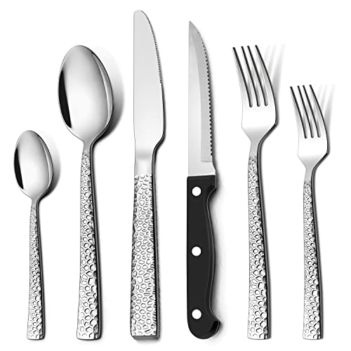 Homikit Besteck Set, 36-teilig Besteckset mit Steakmesser, Edelstah Poliet Essbesteck für 6 Personen mit Löffel Messer Gabel, Gehämmertes Tafelbesteck, Rostfrei & Spülmaschinenfest von Homikit