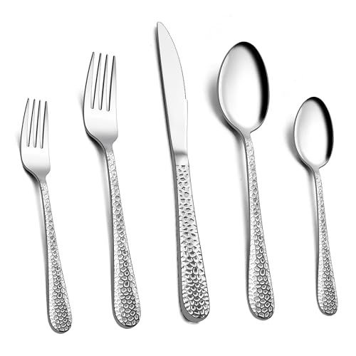 Homikit Besteck Set, 60-teilig Besteckset für 12 Personen, Edelstahl Gehämmertes Tafelbesteck, Essbesteck mit Messer Gabel Löffel für Familie Party Restaurant, Rundrandgriff & Spülmaschinengeeignet von Homikit
