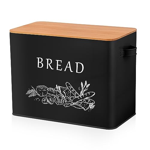 Homikit Brotkasten, Großer Metall Brotbox mit Deckel, Schwarz Brotbehälter für Brot Lange Aufbewahren mit Holzdeckel & Schneidebrett, Brotaufbewahrungsbox & Frisch Halten, 33.3x18.3x24.6cm von Homikit