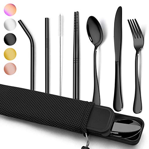 Homikit Campingbesteck, 9-teilig Tragbares Reisebesteck Outdoorbesteck, Edelstahl Camping Besteck Set Messer Gabel Löffel Essstäbchen Metallstrohhalme Reinigungsbürste, Etui & Tasche, Schwarz von Homikit