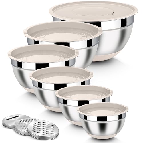 Homikit Edelstahl Rührschüssel Set, 6 Stück Schüssel Salatschüssel Set mit 3 Stück Reibeaufsätzen, Luftdichtem Deckel & Silikonboden, 4,6L/2,8L/2,5L/1,6L/1,2L/0,7L, Stapelbar, Khaki Homikit Edelstahl Rührschüssel Set, 6 Stück Schüssel Salatschüssel Set mit 3 Stück Reibeaufsätzen, Luftdichtem Deckel & Silikonboden, 4,6L/2,8L/2,5L/1,6L/1,2L/0,7L, Stapelbar, Khaki von Homikit