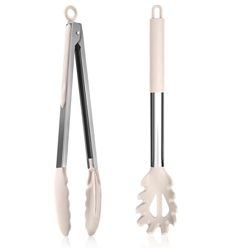 Homikit Edelstahl Spaghettilöffel und Küchenzange, Antihaft-Silikon Spaghetti Server Set, Hitzebeständig Nudellöffel & Kochzange, Pasta Gabel Grillzange Set zum Backen, Kochen und Servieren, Khaki von Homikit