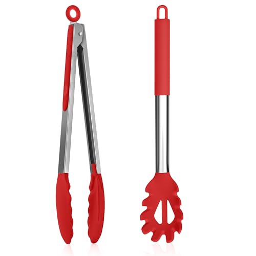 Homikit Edelstahl Spaghettilöffel und Küchenzange, Antihaft-Silikon Spaghetti Server Set, Hitzebeständig Nudellöffel & Kochzange, Pasta Gabel Grillzange Set zum Backen, Kochen und Servieren, Rot Homikit Edelstahl Spaghettilöffel und Küchenzange, Antihaft-Silikon Spaghetti Server Set, Hitzebeständig Nudellöffel & Kochzange, Pasta Gabel Grillzange Set zum Backen, Kochen und Servieren, Rot von Homikit
