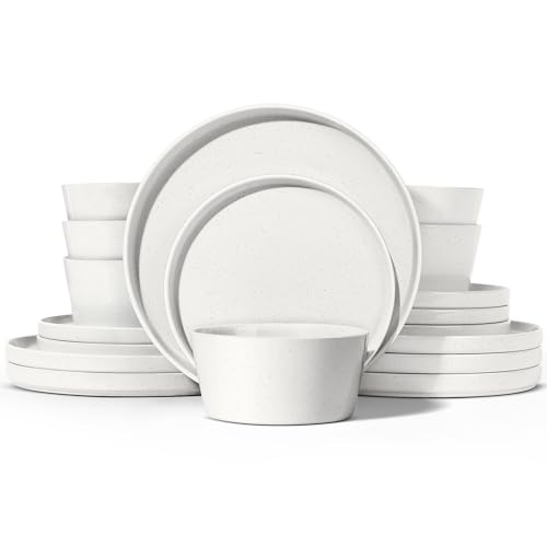 Homikit Geschirr Set, 18-tlg Steinzeug Geschirrset Tafelservice 6 Personen, Essgeschirr mit Dessertteller Müslischüsseln Speiseteller, Klassisch Weiß mit Speckles, Mikrowellen- und Spülmaschinenfest von Homikit