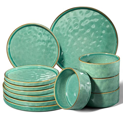 Homikit Geschirrset, 12-teiliges Geschirr Set für 4 Personen, Kombiservice Tafelservice mit Speiseteller Dessertteller und Müslischüsseln, Mikrowellen- und Spülmaschinenfest, Kräftiges Grün von Homikit