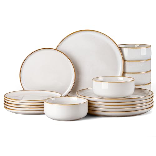Homikit Geschirrset 6 Personen, 18-tlg Steinzeug Geschirr Set, Reaktive Glasur Tafelservice Essgeschirr mit Schüssel- und Teller Set, Kratzfest, Mikrowellenfest & Spülmaschinenfest, Jupiter Beige von Homikit