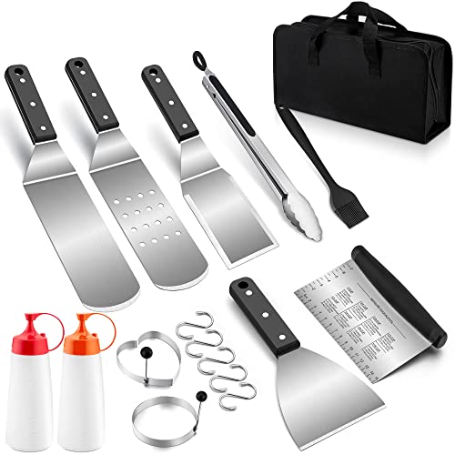 Homikit Grillspachtel Set, 17-teilig Edelstahl Flachkopf Pfannenwender Grillbesteck mit Tragetasche, Grillwender Grillschaber Teigschaber zum Grillen im Freien, Grillen, Teppanyaki, Camping von Homikit