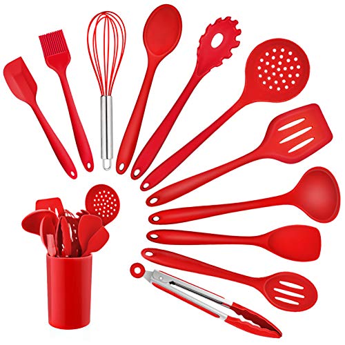 Homikit Küchenhelfer Set, 12 Stück Silikon Kochutensilien Kochgeschirr, Hitzebeständiger Kochbesteck Set mit Utensilienhalter, Gesund & Antihaft, Spülmaschinengeeignet, Rot von Homikit