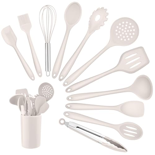 Homikit Küchenhelfer Set, 12 Stück Silikon Küchenutensilien, Hitzebeständiger Khaki Kochutensilien Kochbesteck mit Utensilienhalter, Gesund & Antihaft von Homikit