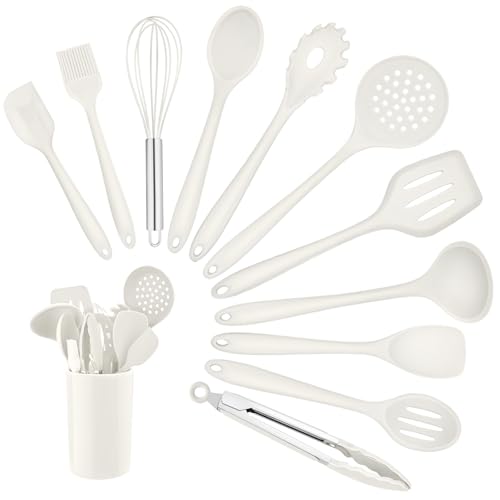 Homikit Küchenhelfer Set, 12 Stück Silikon Küchenutensilien, Hitzebeständiger Kochutensilien Kochbesteck mit Utensilienhalter, Gesund & Antihaft - Weiß von Homikit