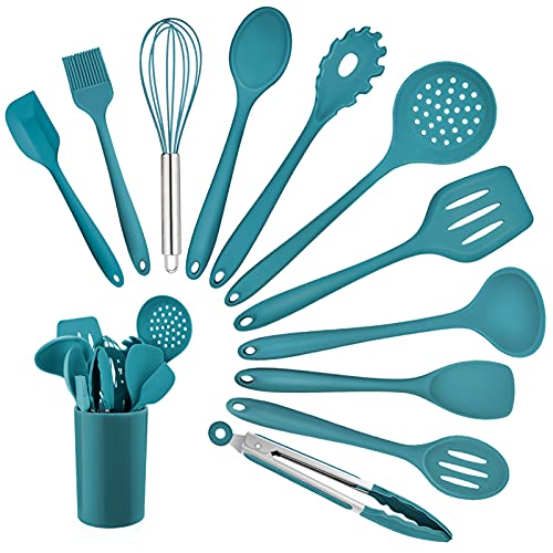 Homikit Küchenhelfer Set, 12-teilig Silikon Kochutensilien Kochgeschirr Set, Hitzebeständiger Kochbesteck mit Utensilienhalter, Gesund & Antihaft, Spülmaschinengeeignet, Blau von Homikit